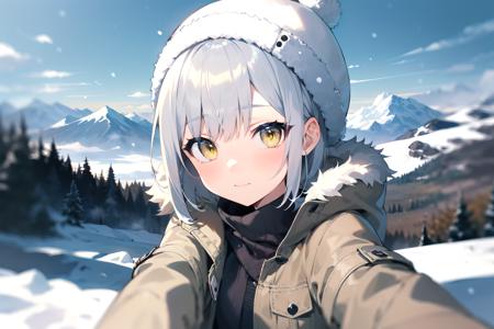 07359-2050813977-masterpiece, best quality, short hair, silver hair, yellow eyes, selfie, mountain scenery, winter coat, closed coat, winter hat,.png